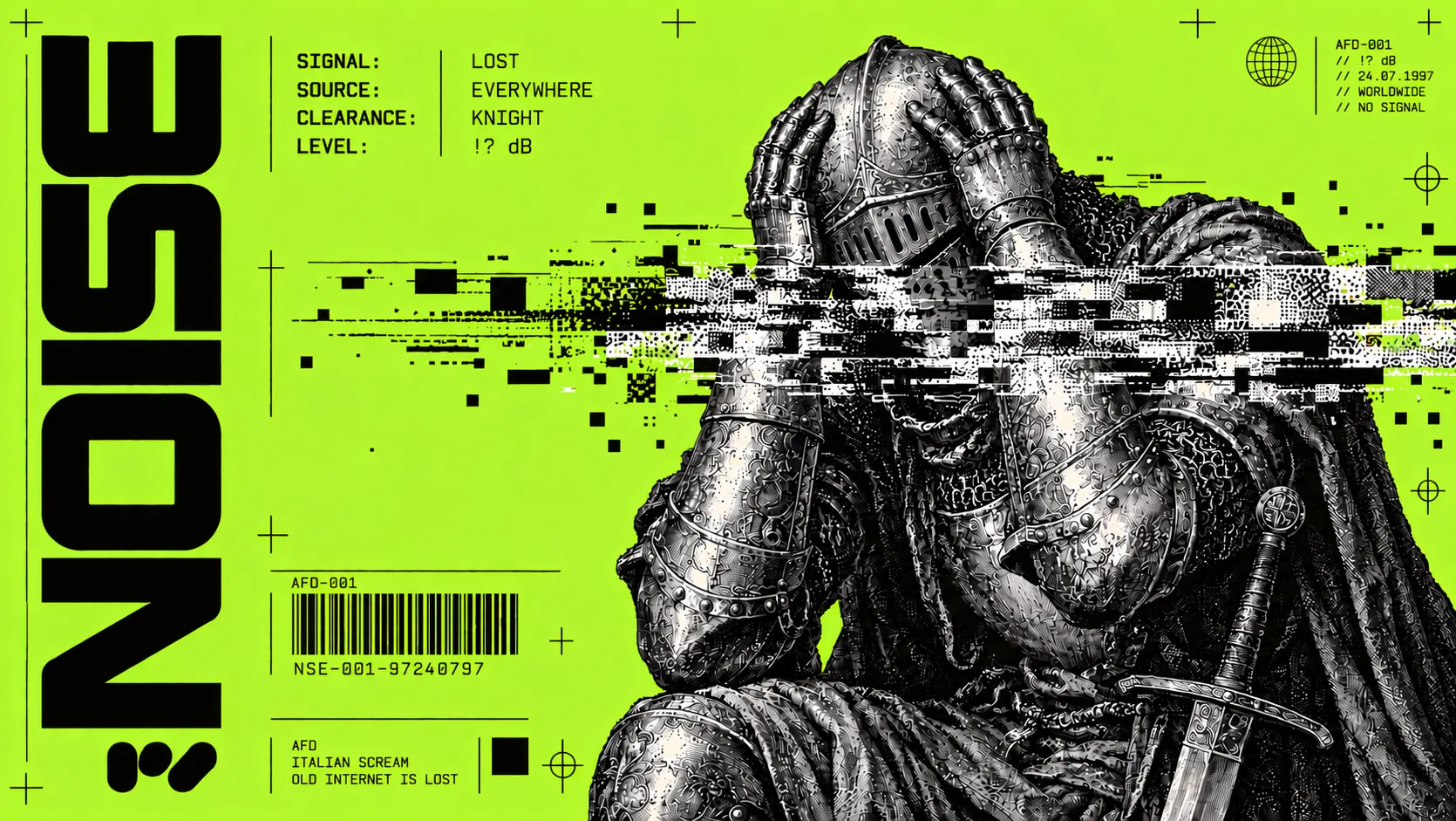 An armored knight holding their head against a bright green background.